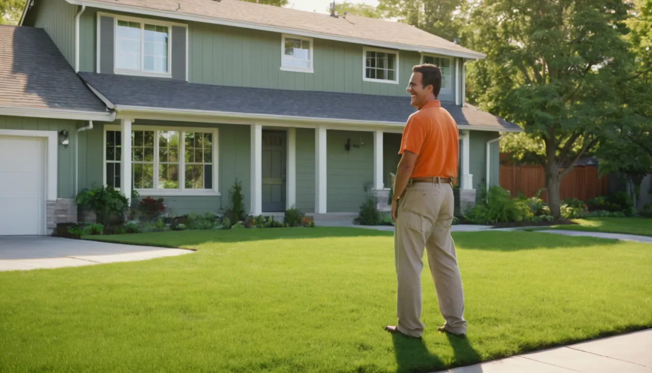 A friendly septic provider talking with a homeowner in a front yard in Scandia