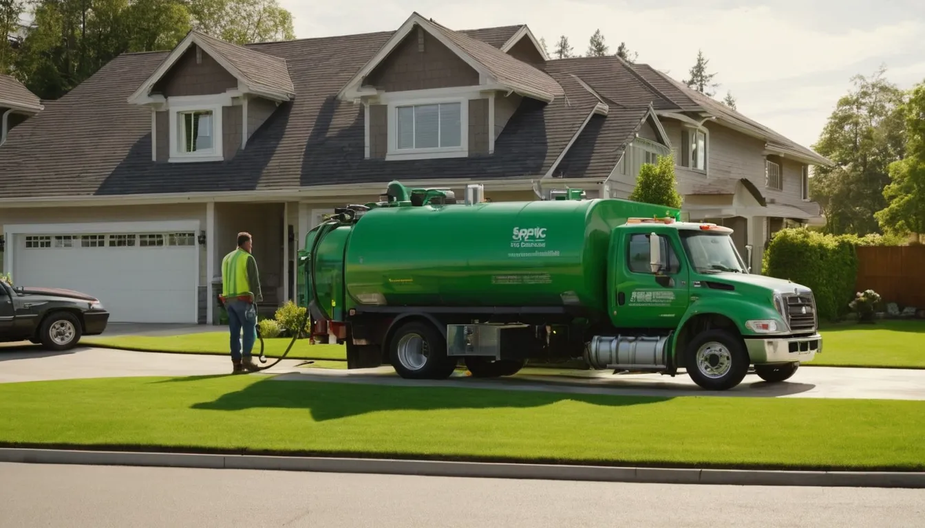 Friendly septic provider and homeowner reviewing a pumping truck hose near a lawn in the Scandia area